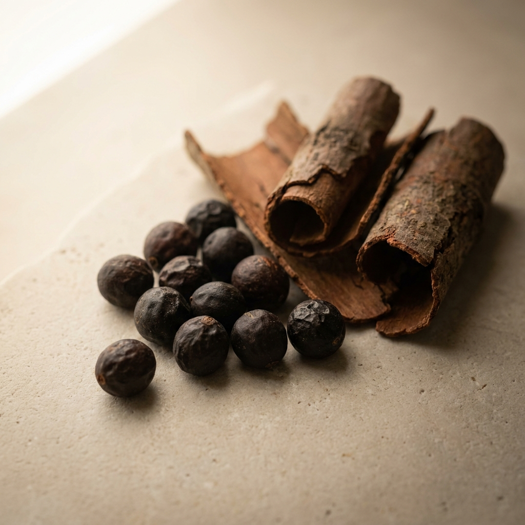 Dark saw palmetto berries beside curls of reddish-brown pygeum bark on a pale limestone slab
