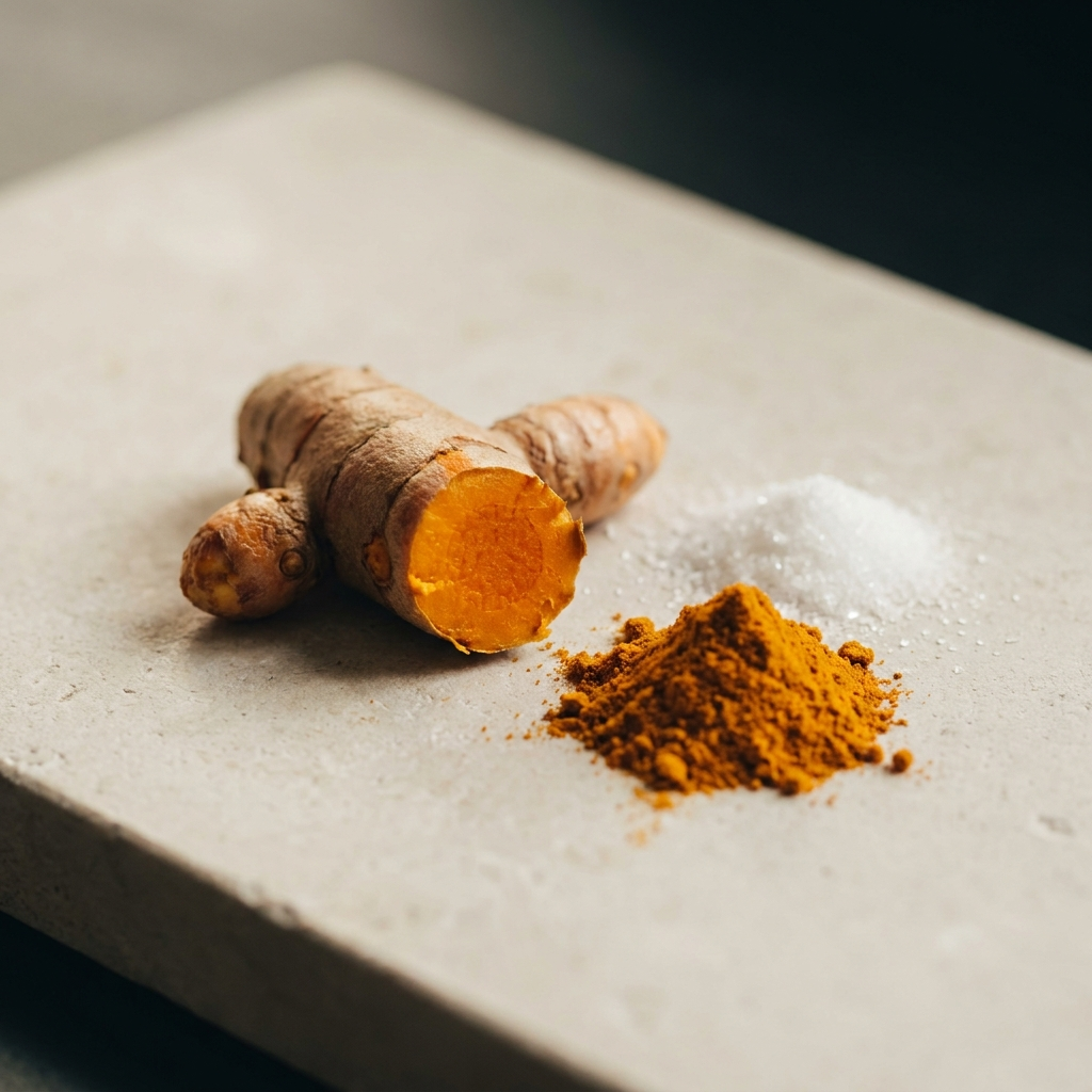 Fresh turmeric root snapped open beside its ground powder and white crystalline MSM on a pale limestone slab