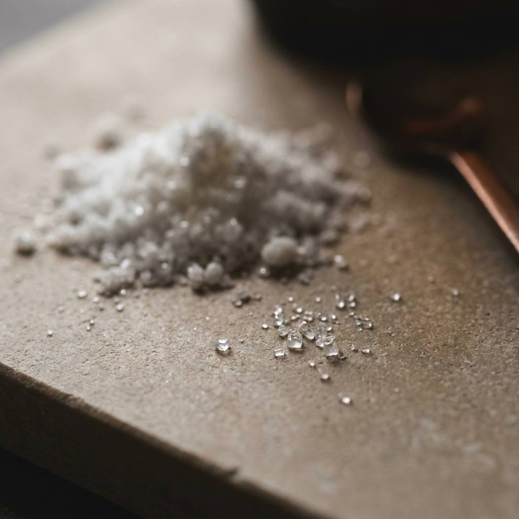 Coarse white magnesium powder and translucent glycine crystals on a pale limestone slab