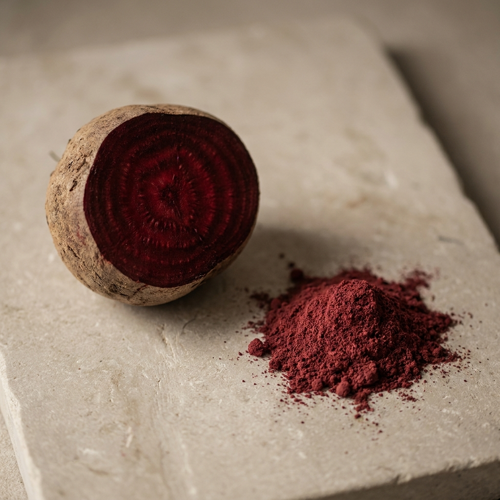 A halved raw beetroot showing crimson rings beside ground beetroot powder on a pale limestone slab