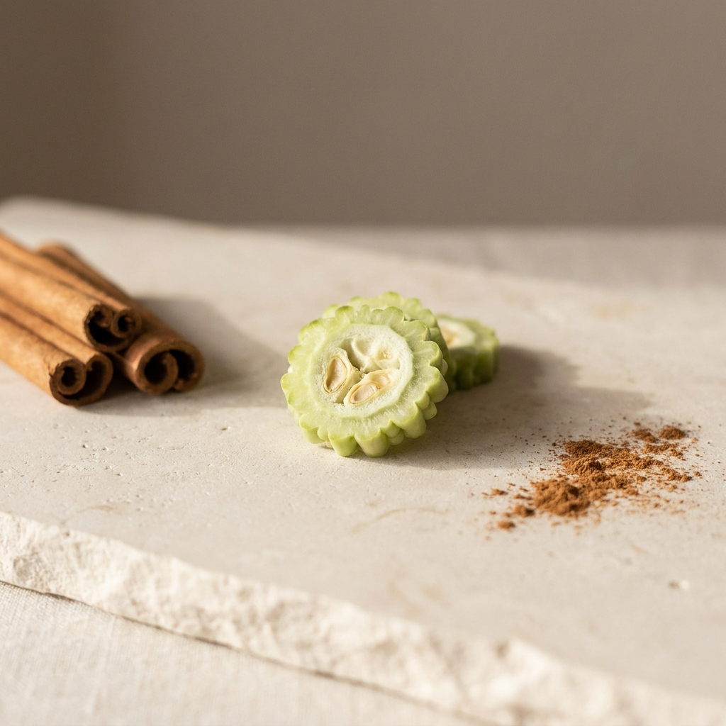 Rolled cinnamon quills and a sliced bitter melon on a pale limestone slab