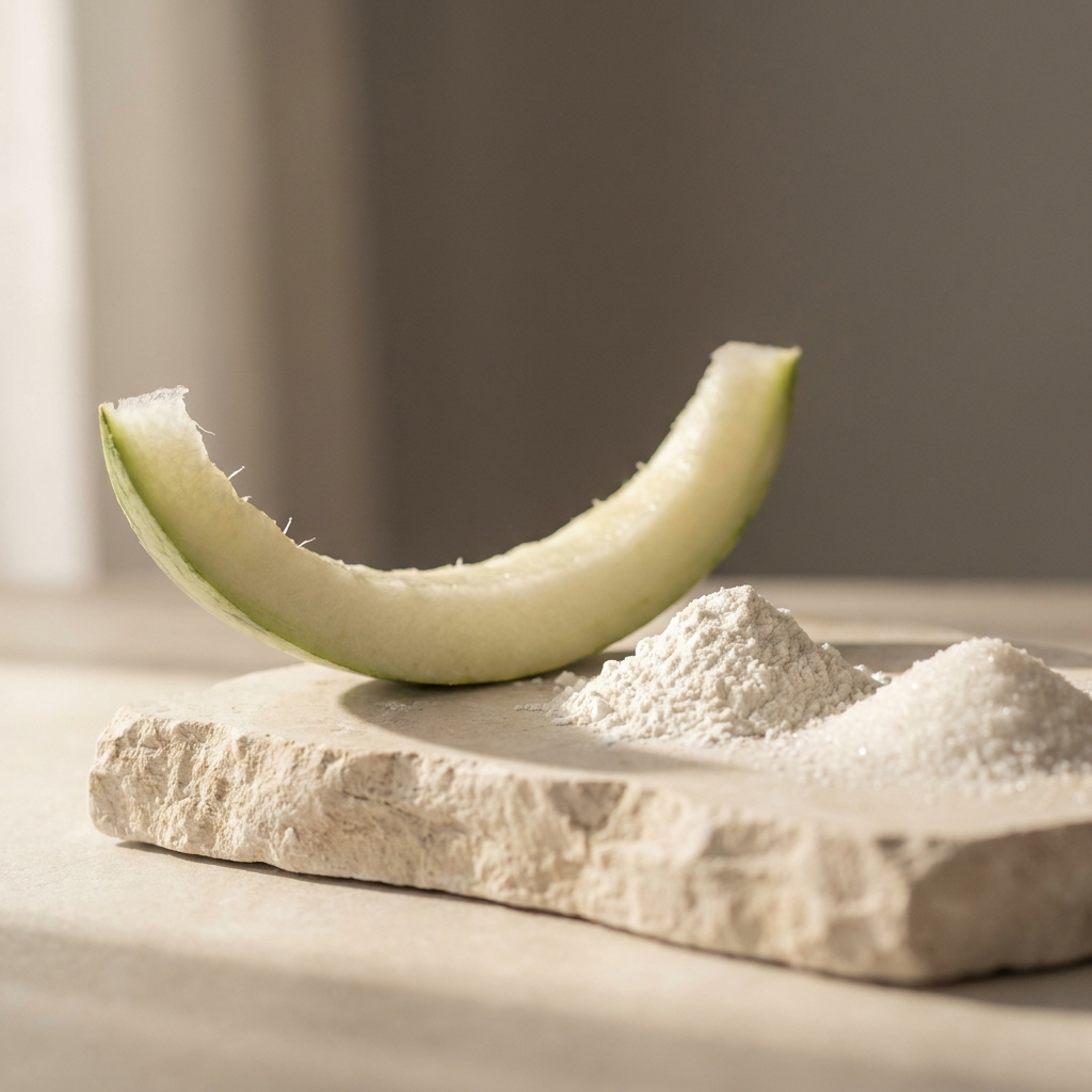 A wedge of watermelon rind beside two mounds of fine white crystalline amino acid powder on a pale limestone slab