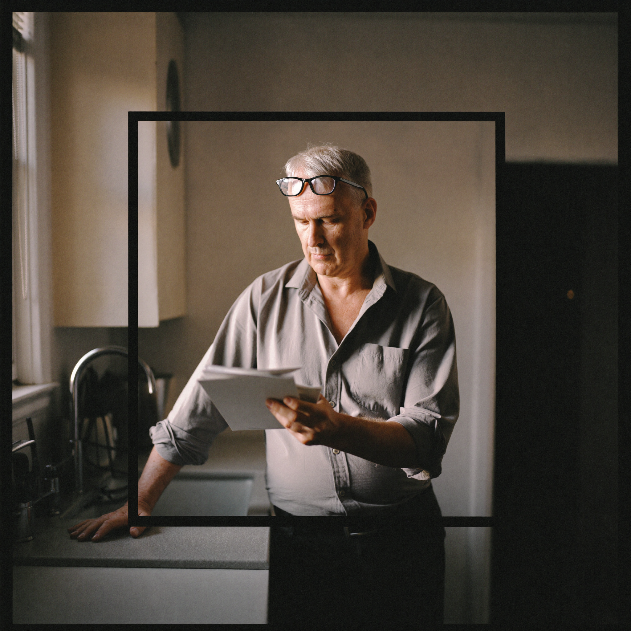 A man in his mid-sixties standing at a kitchen counter reading in morning light
