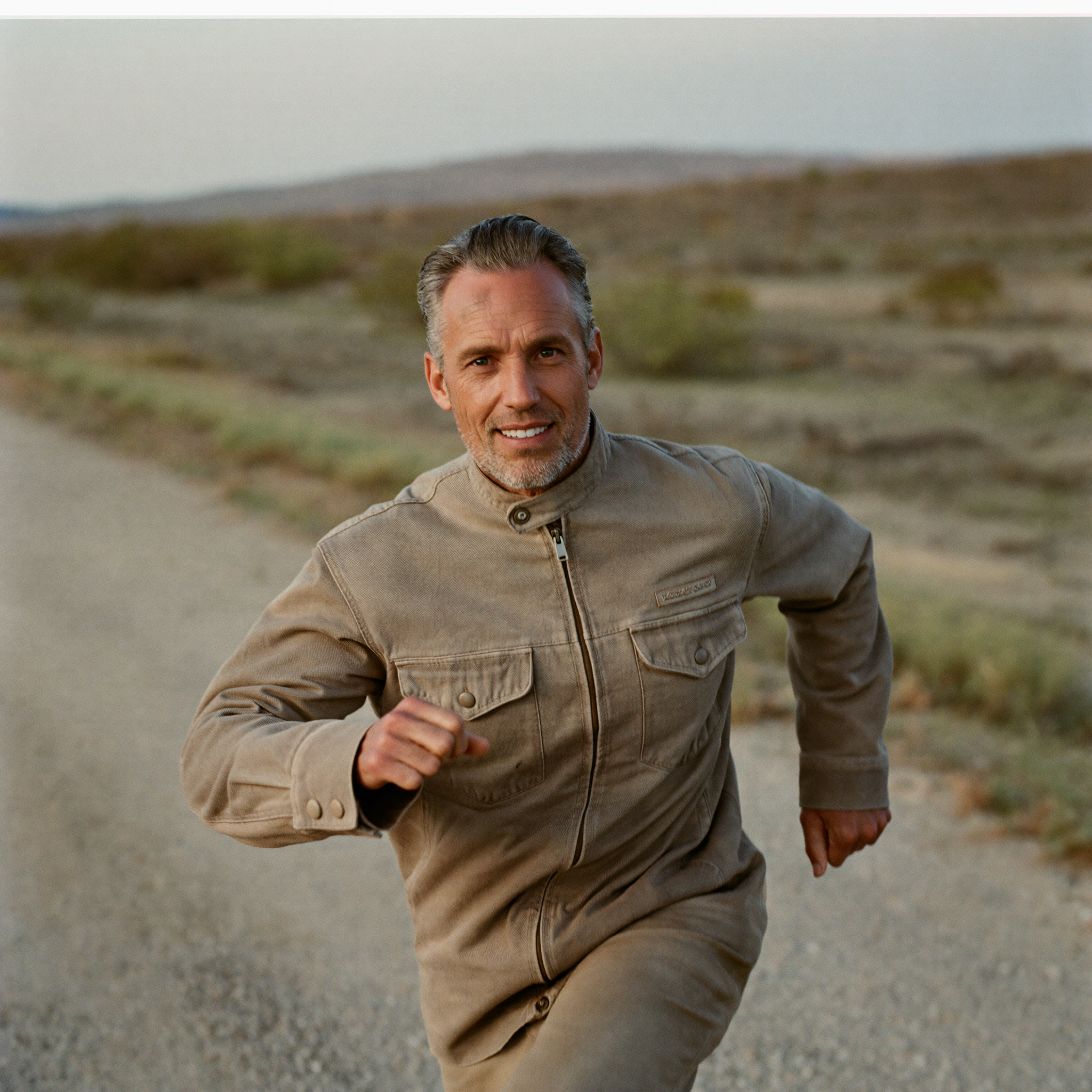 A man in his late fifties walking a gravel path at the edge of high desert scrubland in morning light