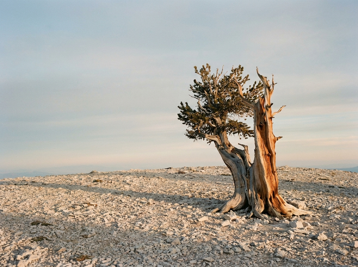 An ancient bristlecone pine on a high exposed ridge at first light